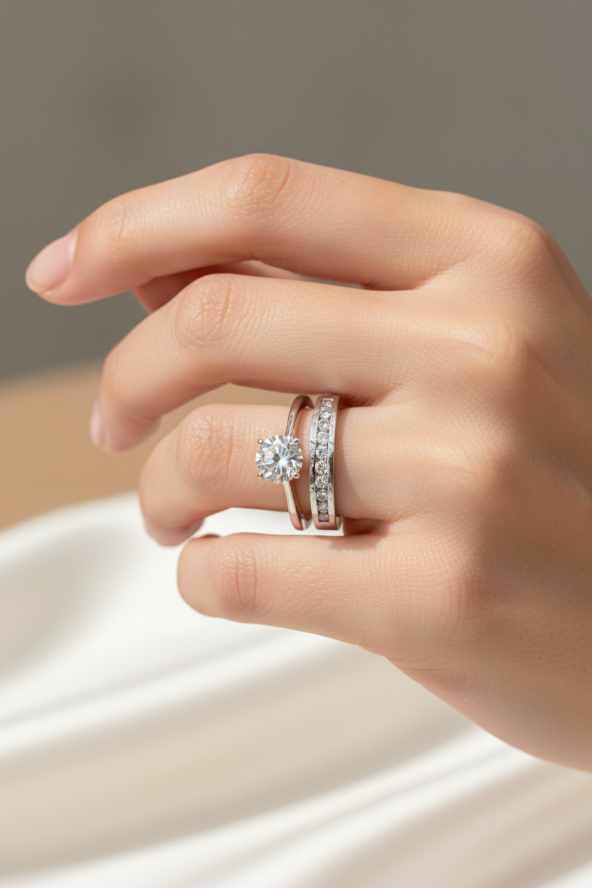 10 Diamond Ring Stacked with Engagement Ring