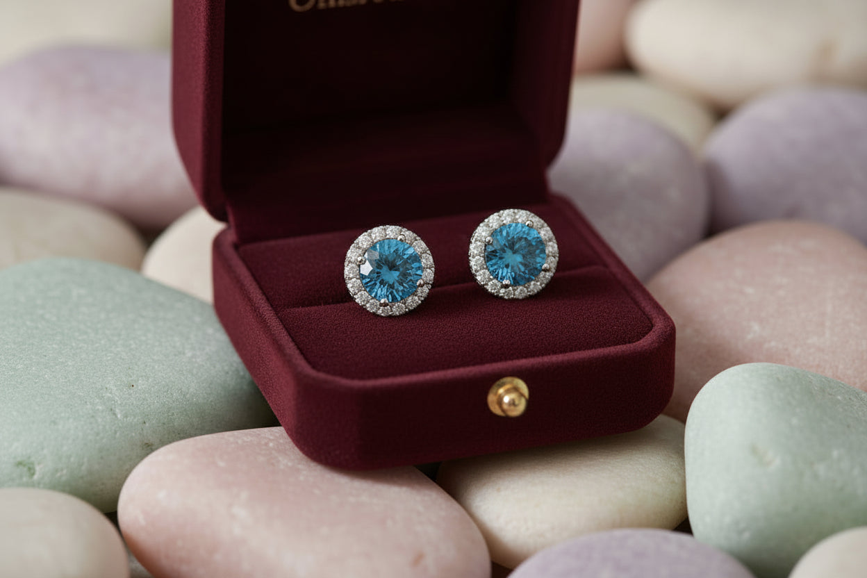 Platinum Aquamarine and Diamond Halo Stud Earrings