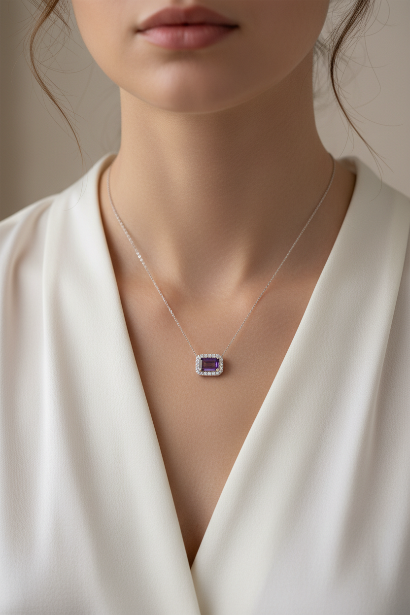 Amethyst Diamond Necklace on Model