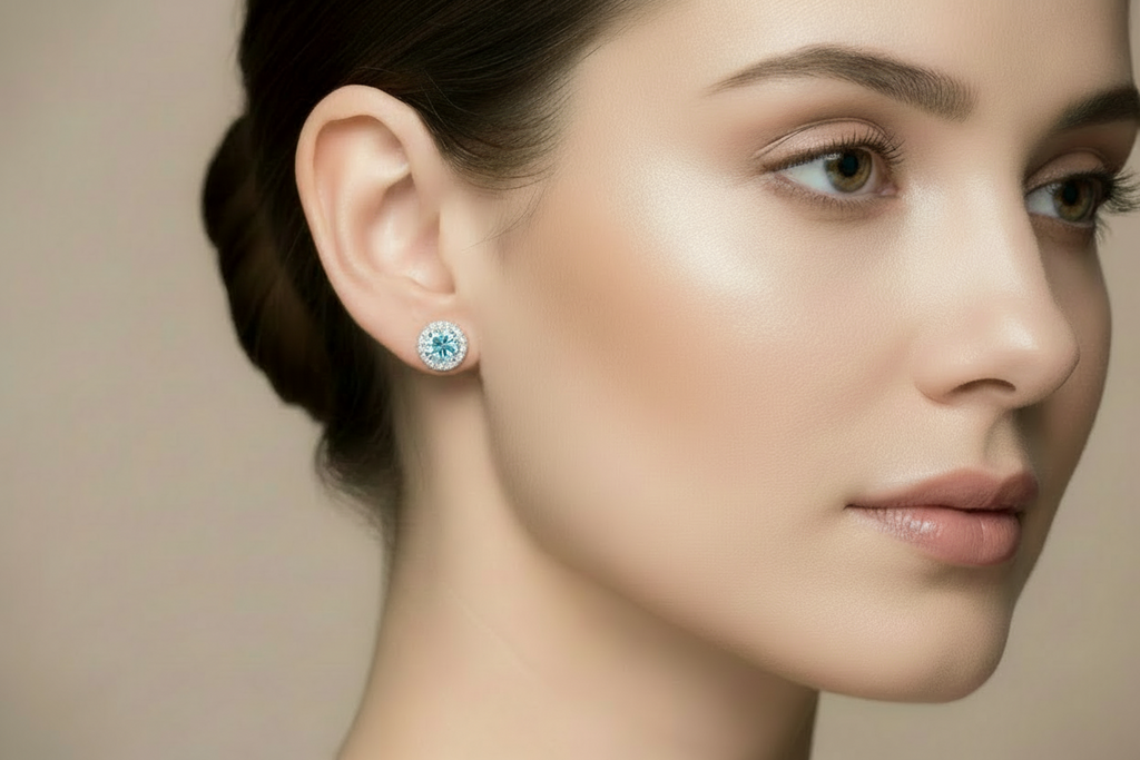 Aquamarine halo stud earrings on model - petite scale