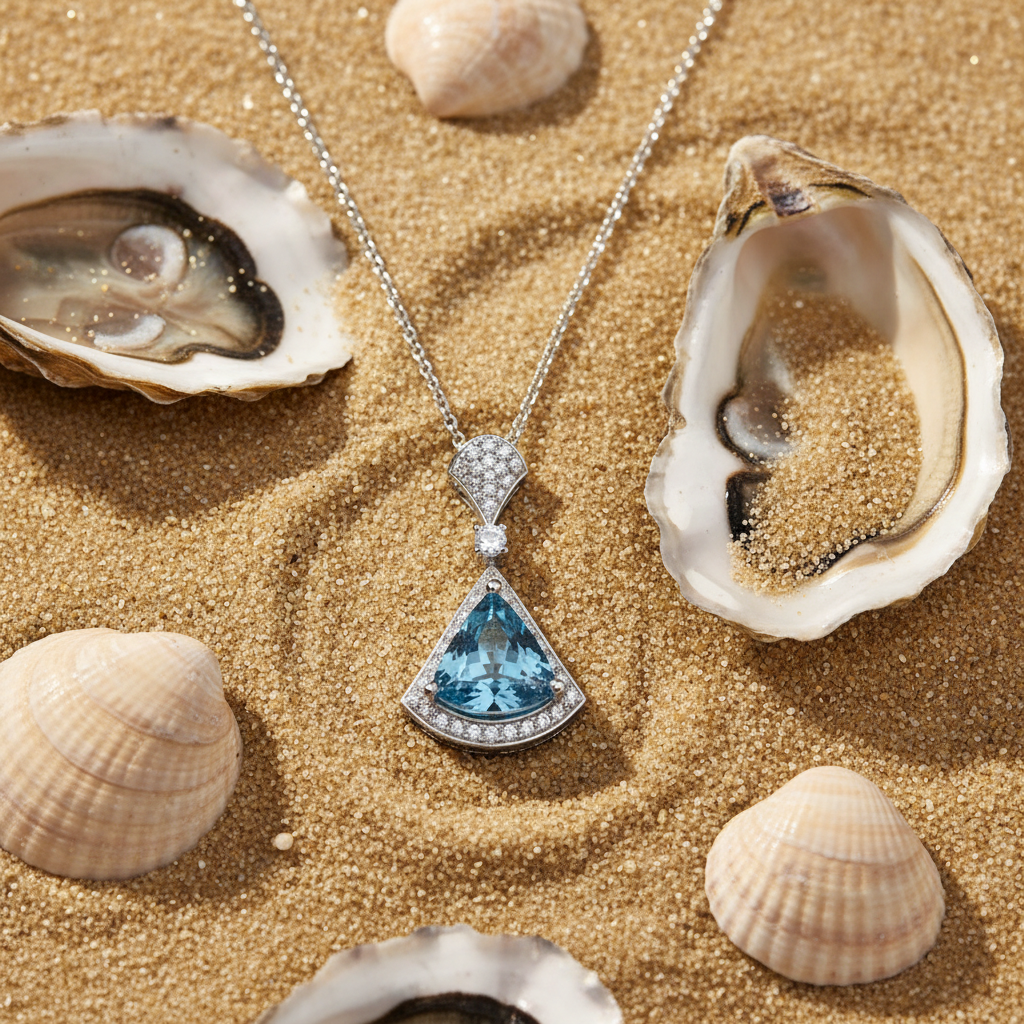 Aquamarine Pendant Necklace Flat Lay