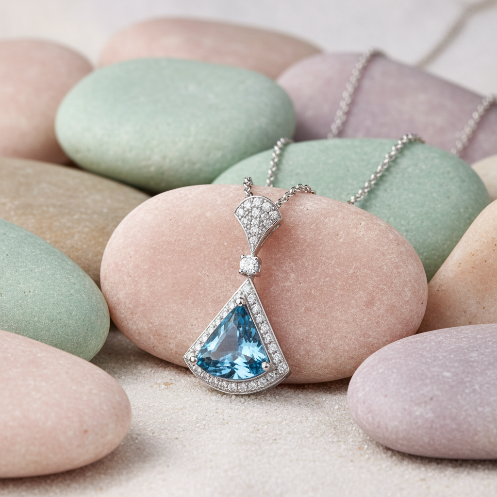 Aquamarine Pendant Necklace on Pastel Stones