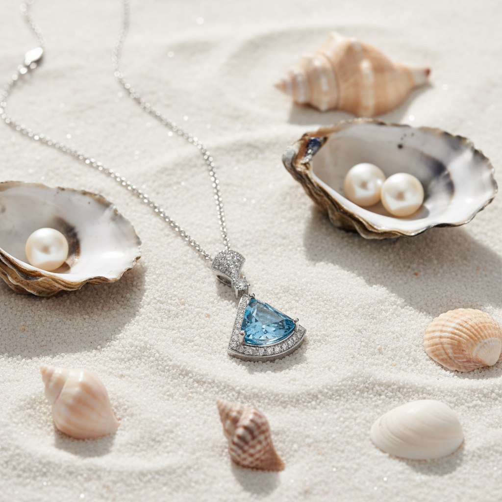 Aquamarine Pendant Necklace with Oysters