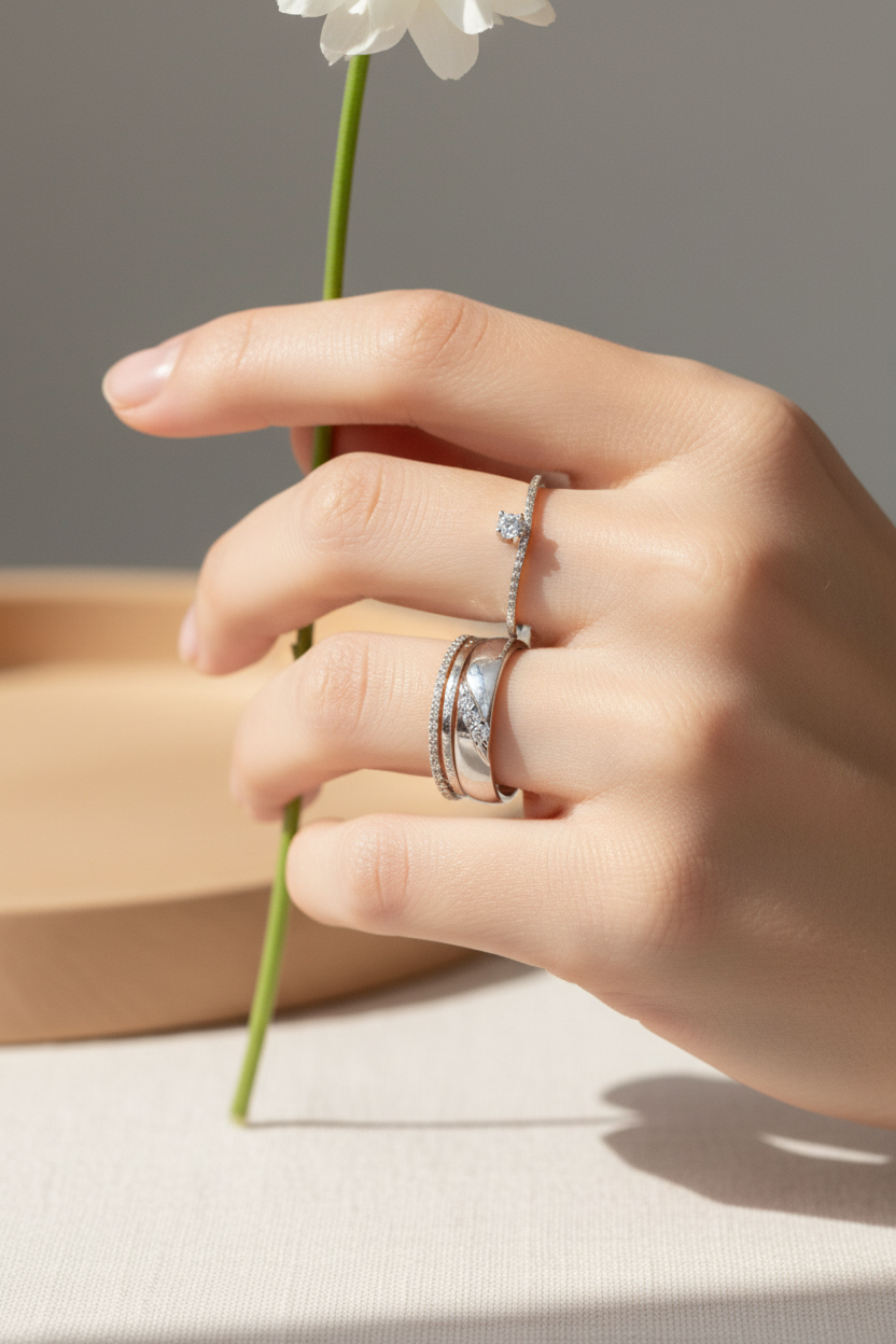 Diagonal Diamond Ring Stacked with Other Rings