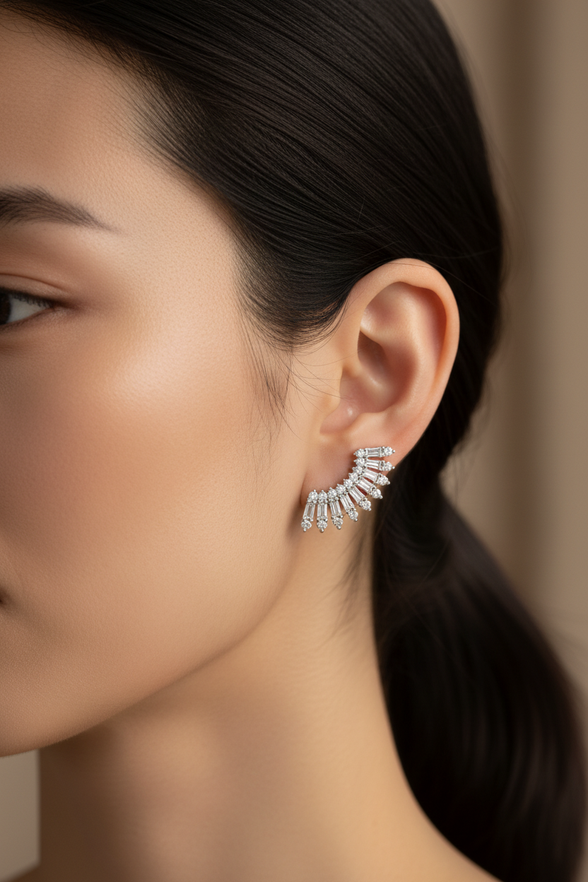 Diamond Wing Earrings Asian Model Close-Up