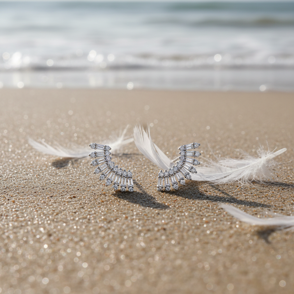 Diamond Wing Earrings Beach with Feathers