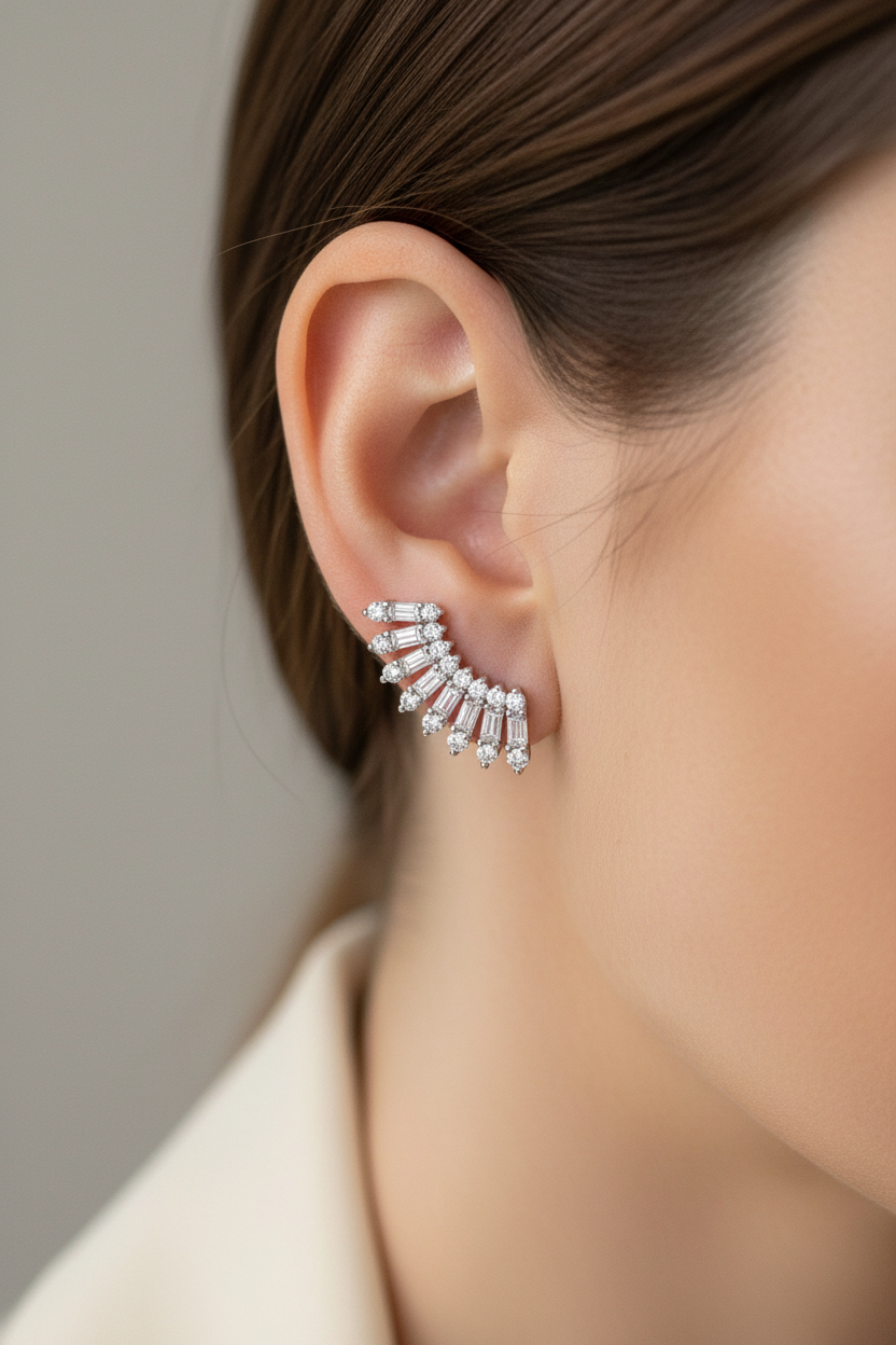 Diamond Wing Earrings Caucasian Model Close-Up