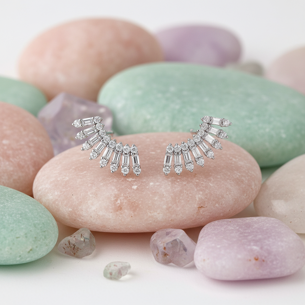 Diamond Wing Stud Earrings on Pastel Stones
