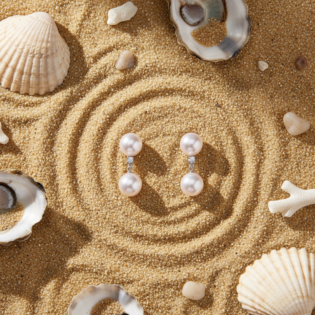 Double Pearl Diamond Earrings Flat Lay