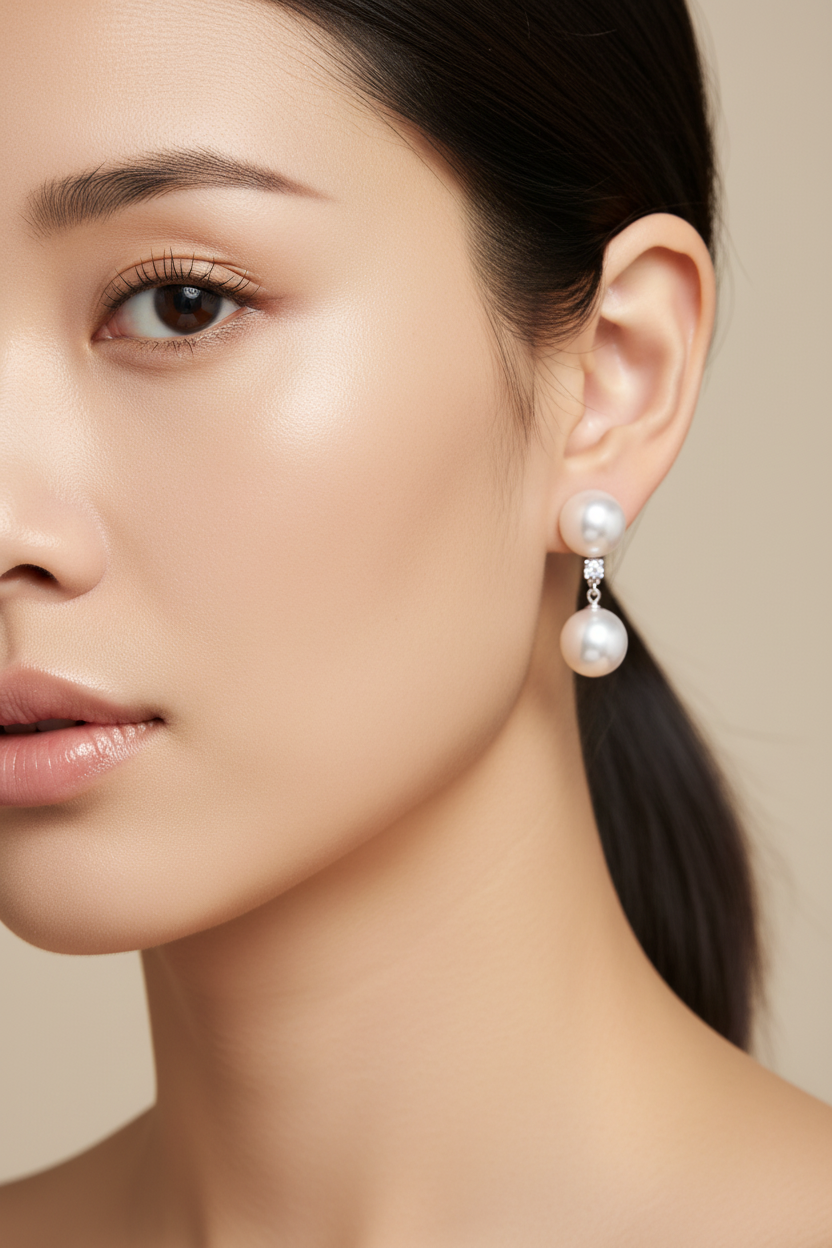 18K White Gold Double Pearl Diamond Earrings