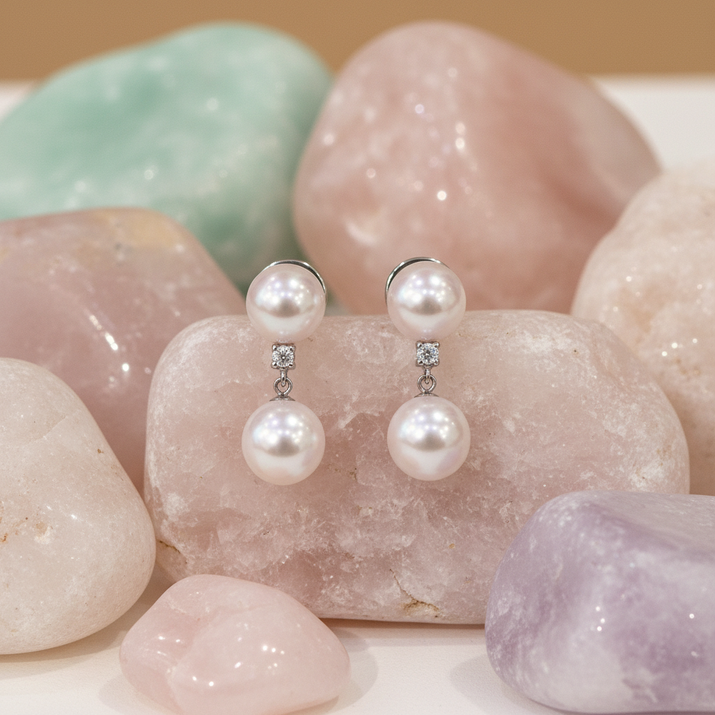 Double Pearl Diamond Earrings on Pastel Stones