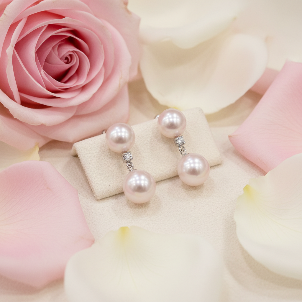 Double Pearl Earrings with Rose Petals