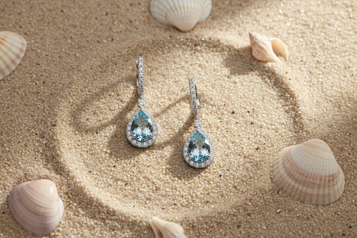 Earrings flat lay on beach sand