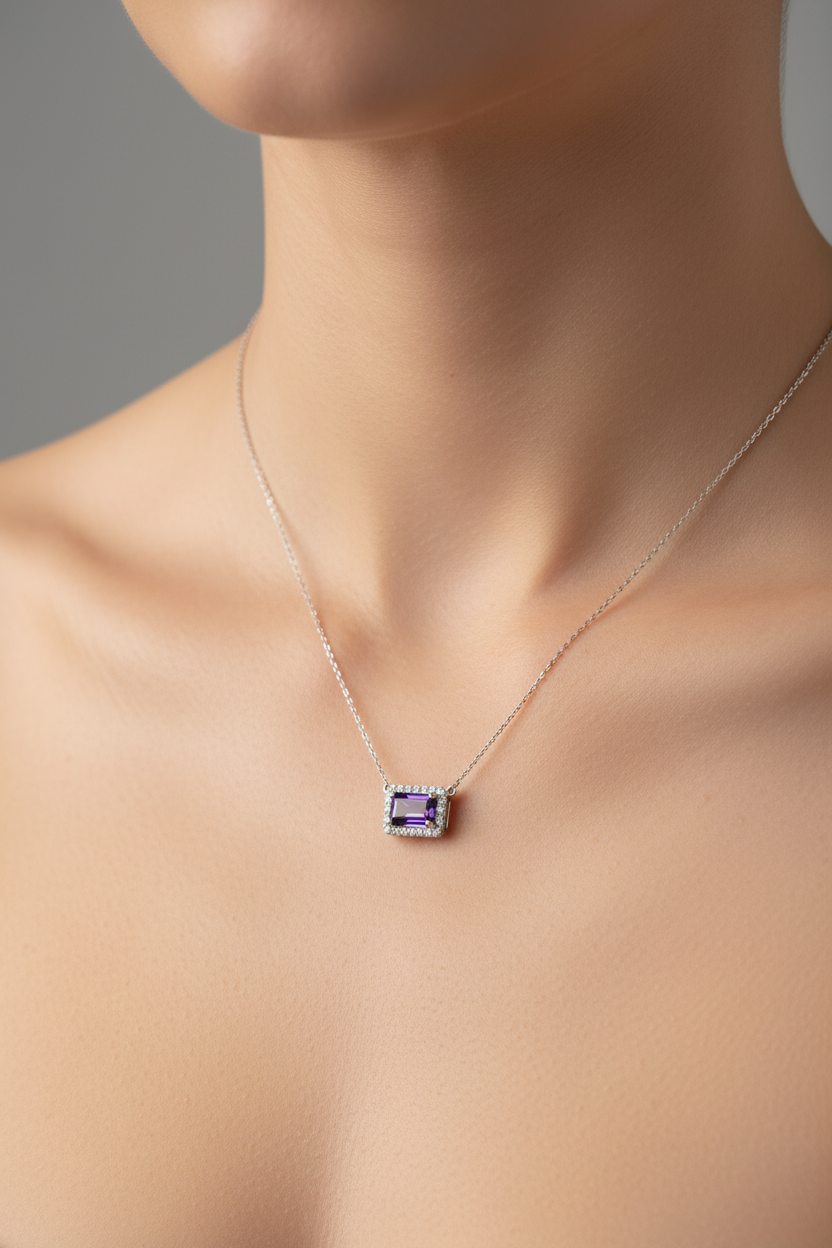 Horizontal amethyst necklace on model