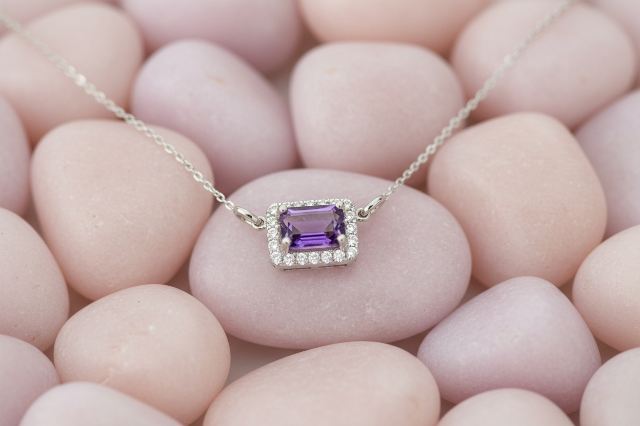 Horizontal amethyst on blush and lavender stones