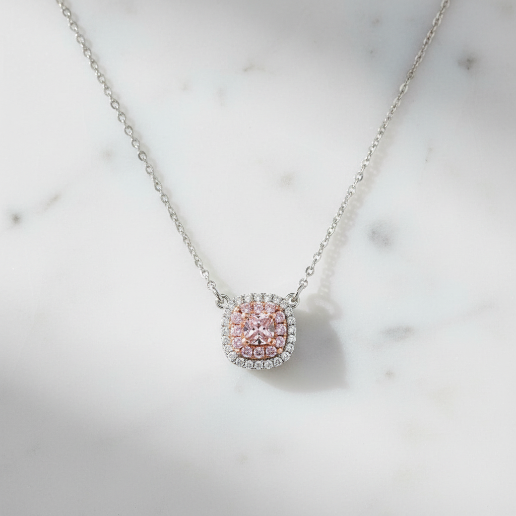 Cushion Cut Pink Diamond Double Halo Necklace in 18K White Gold