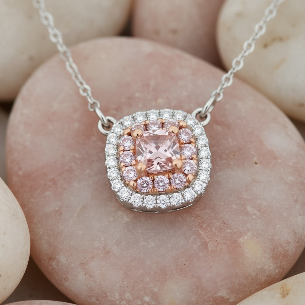 Cushion Cut Pink Diamond Double Halo Necklace in 18K White Gold