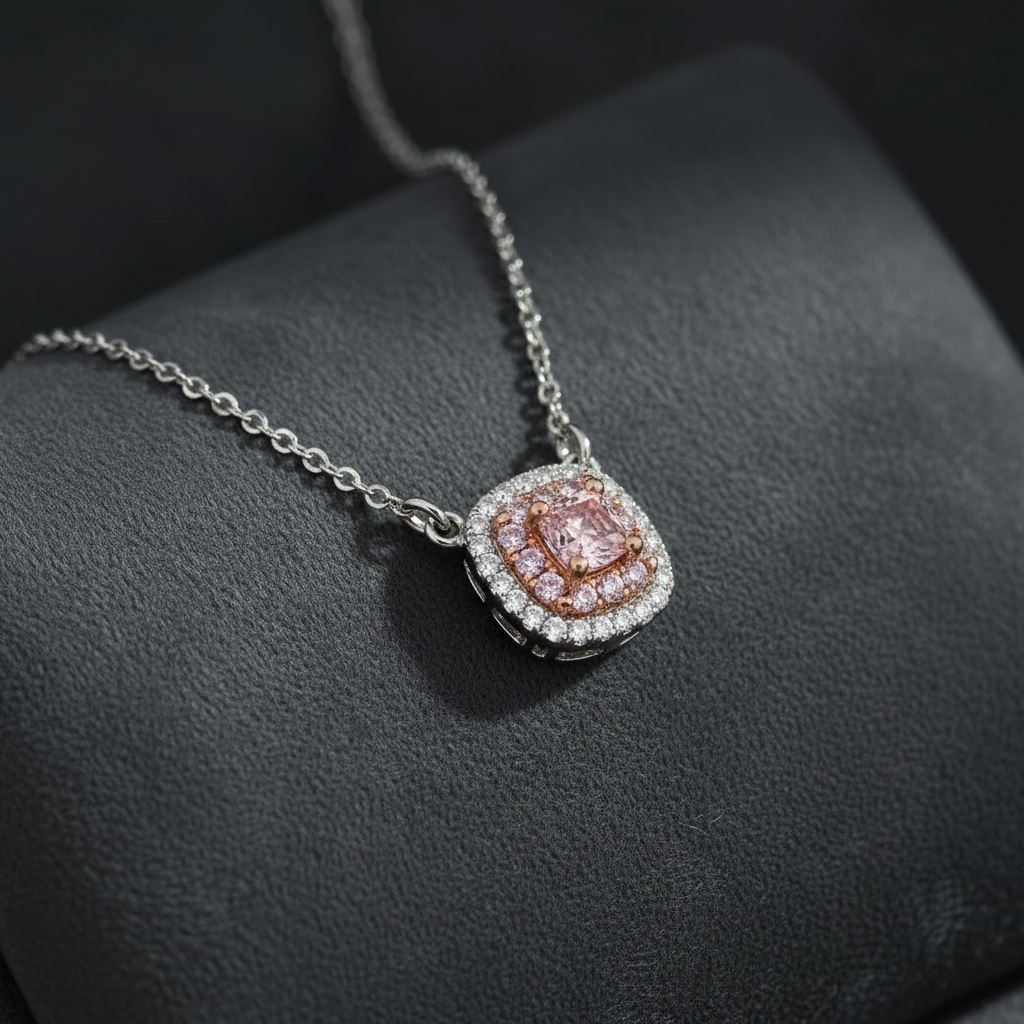 Cushion Cut Pink Diamond Double Halo Necklace in 18K White Gold