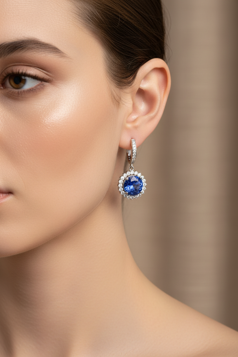 Model wearing tanzanite earrings - close-up detail
