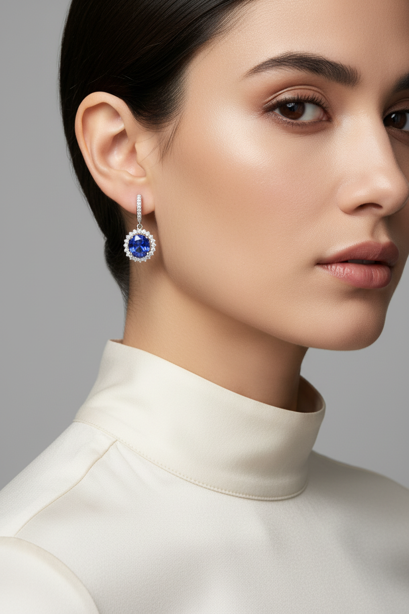 Model wearing tanzanite earrings - front view