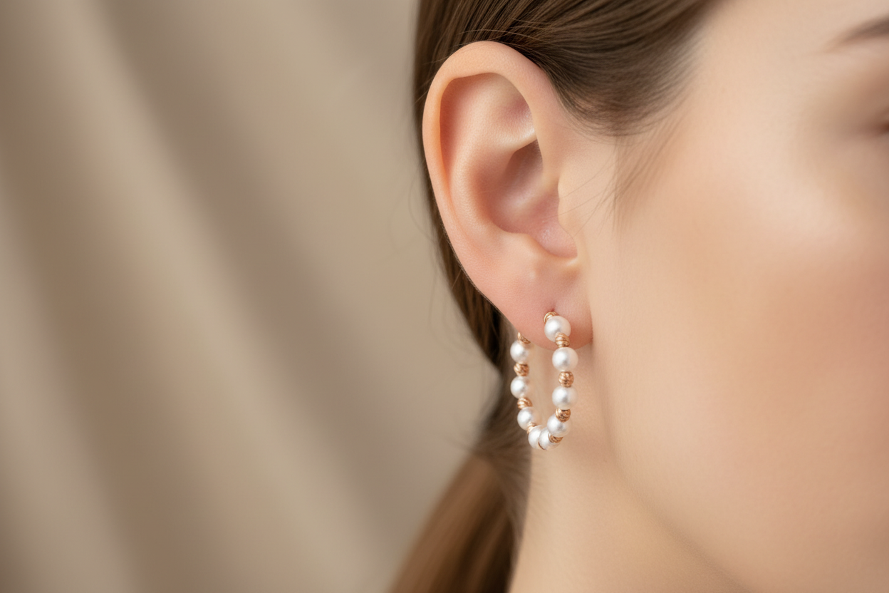 Pearl hoop earrings close-up on model ear