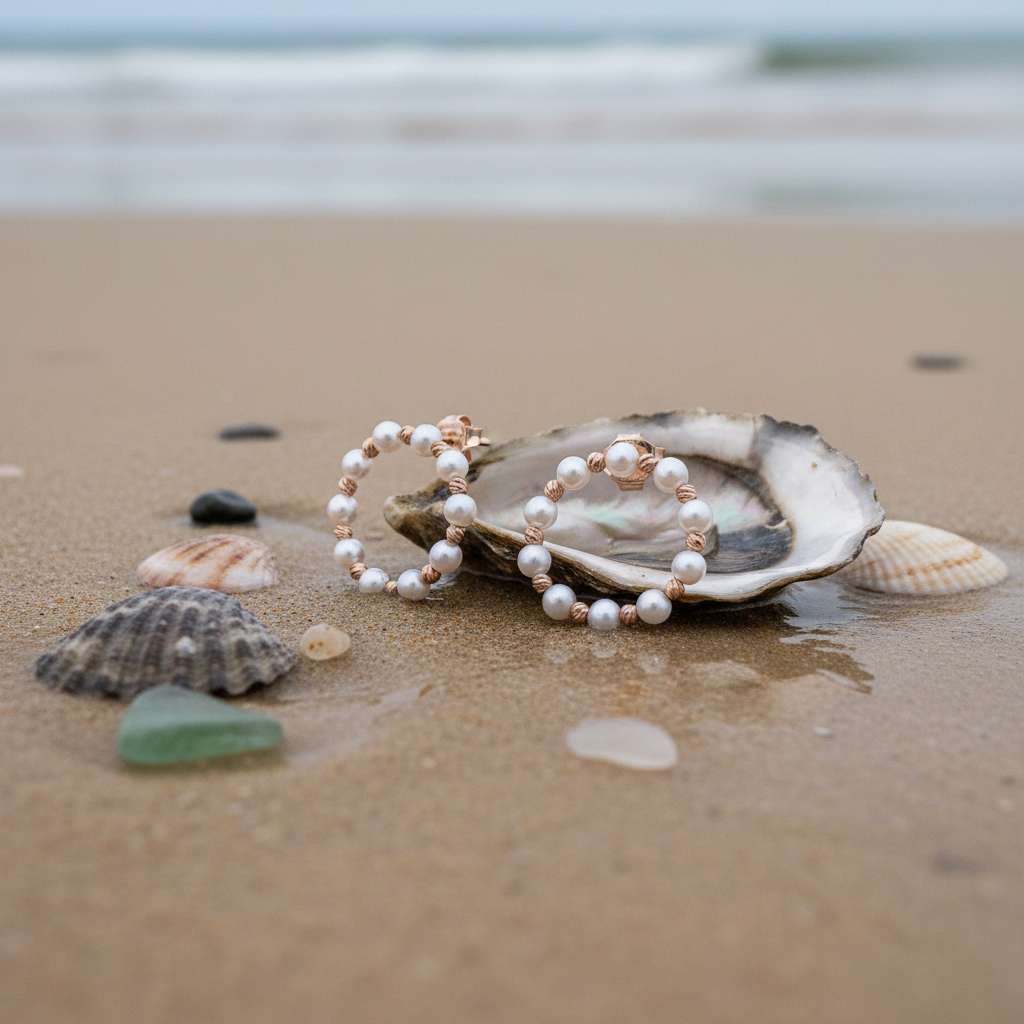 Rose Gold Pearl Hoops Close-Up