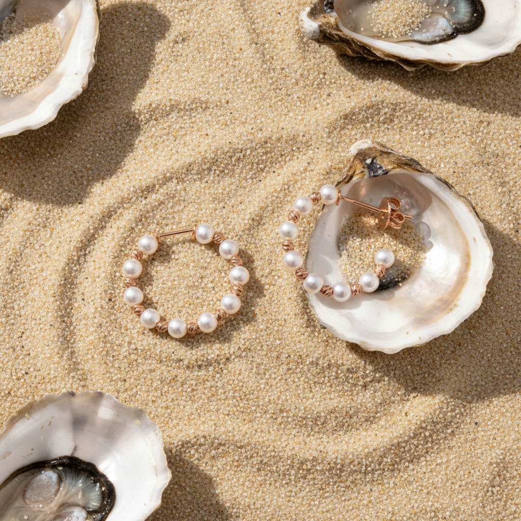 Rose Gold Pearl Hoops Flat Lay