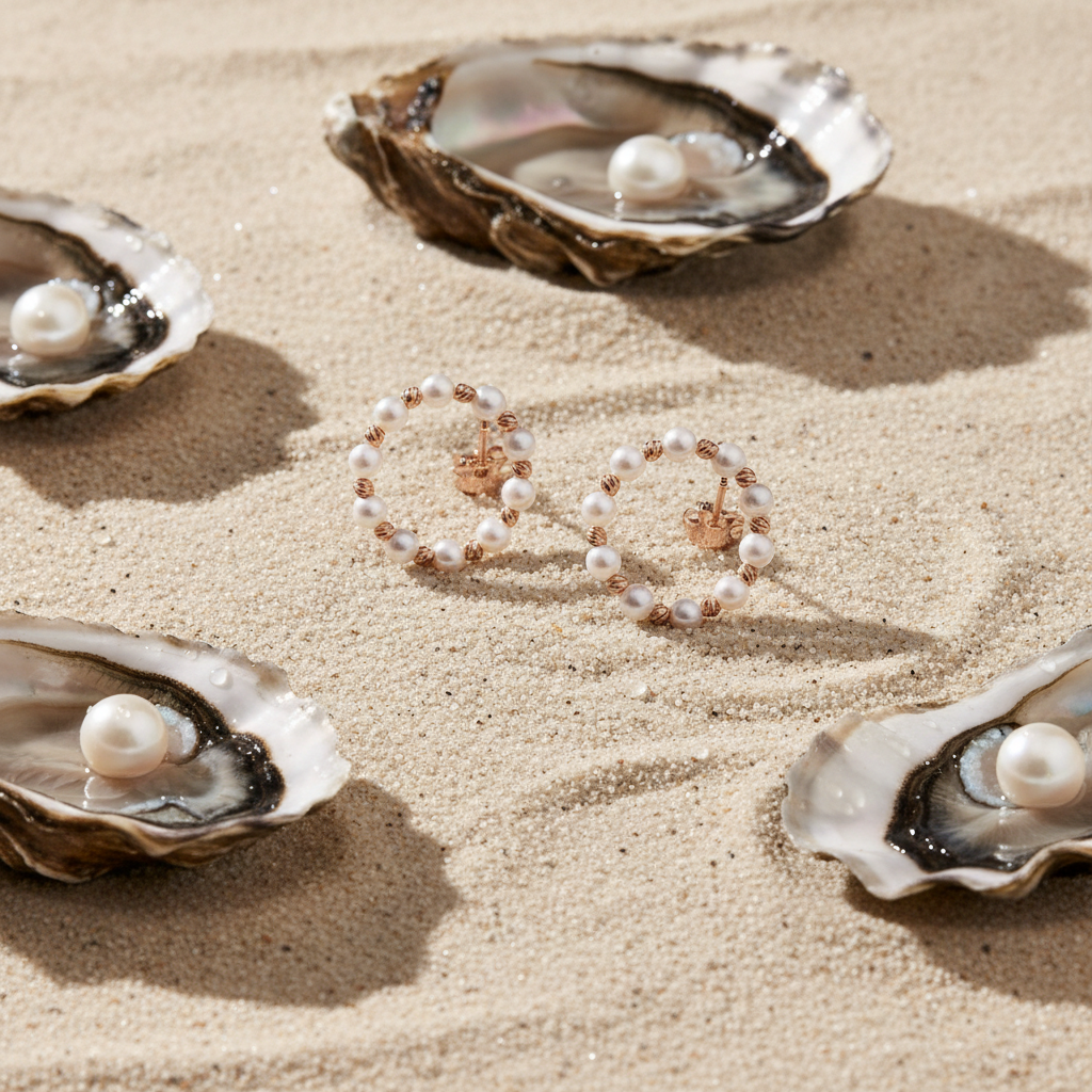 Rose Gold Pearl Hoops with Oysters