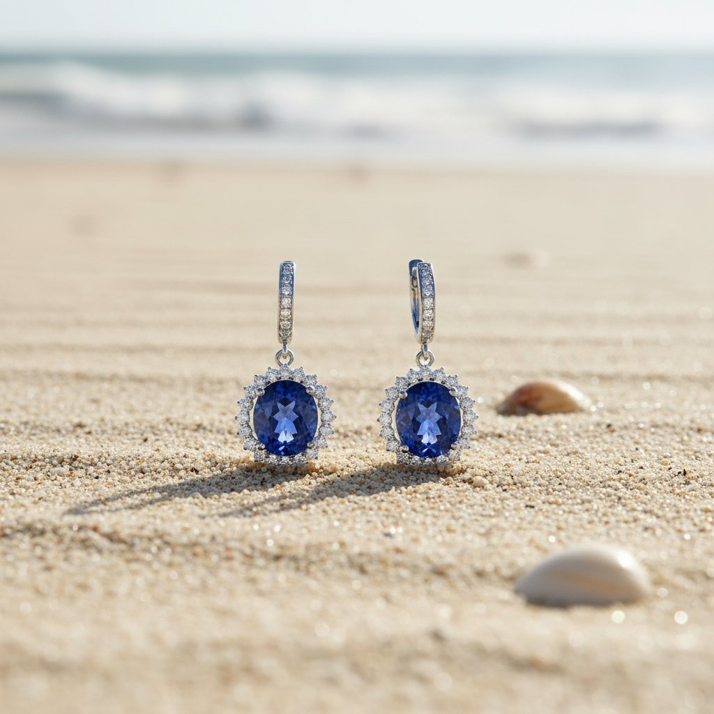Tanzanite earrings on beach sand