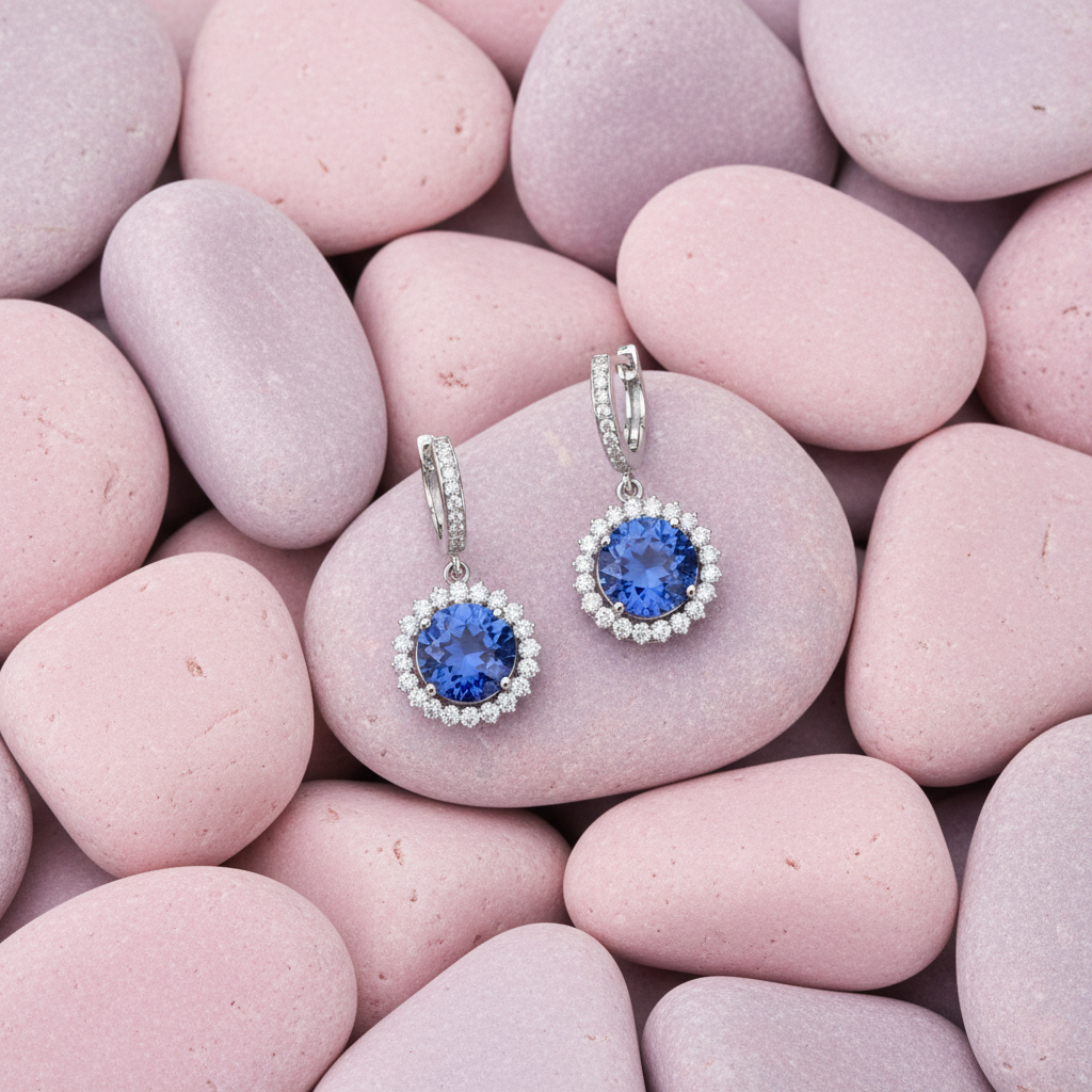 Tanzanite earrings on pastel rocks - smaller scale