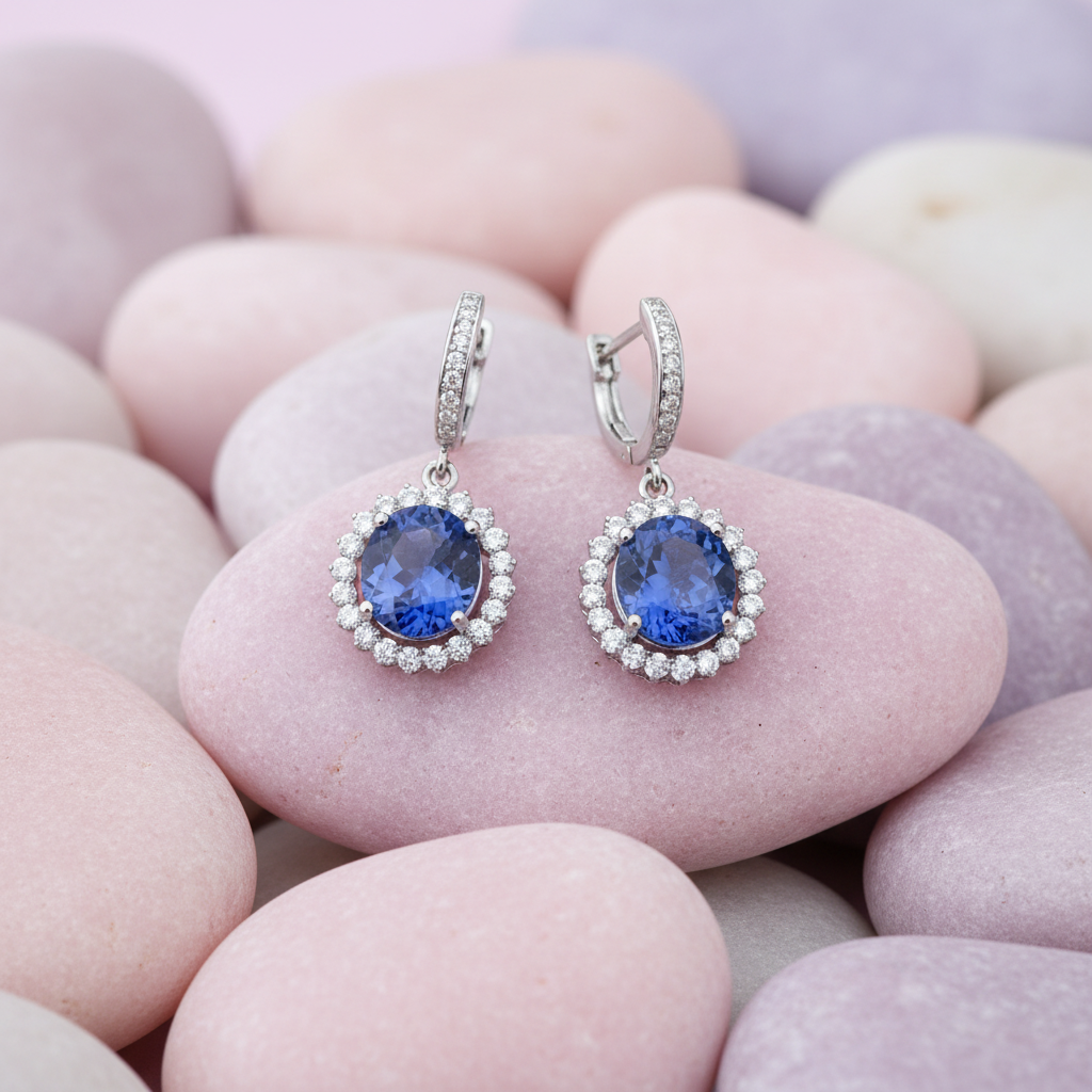 Tanzanite earrings on pastel rocks