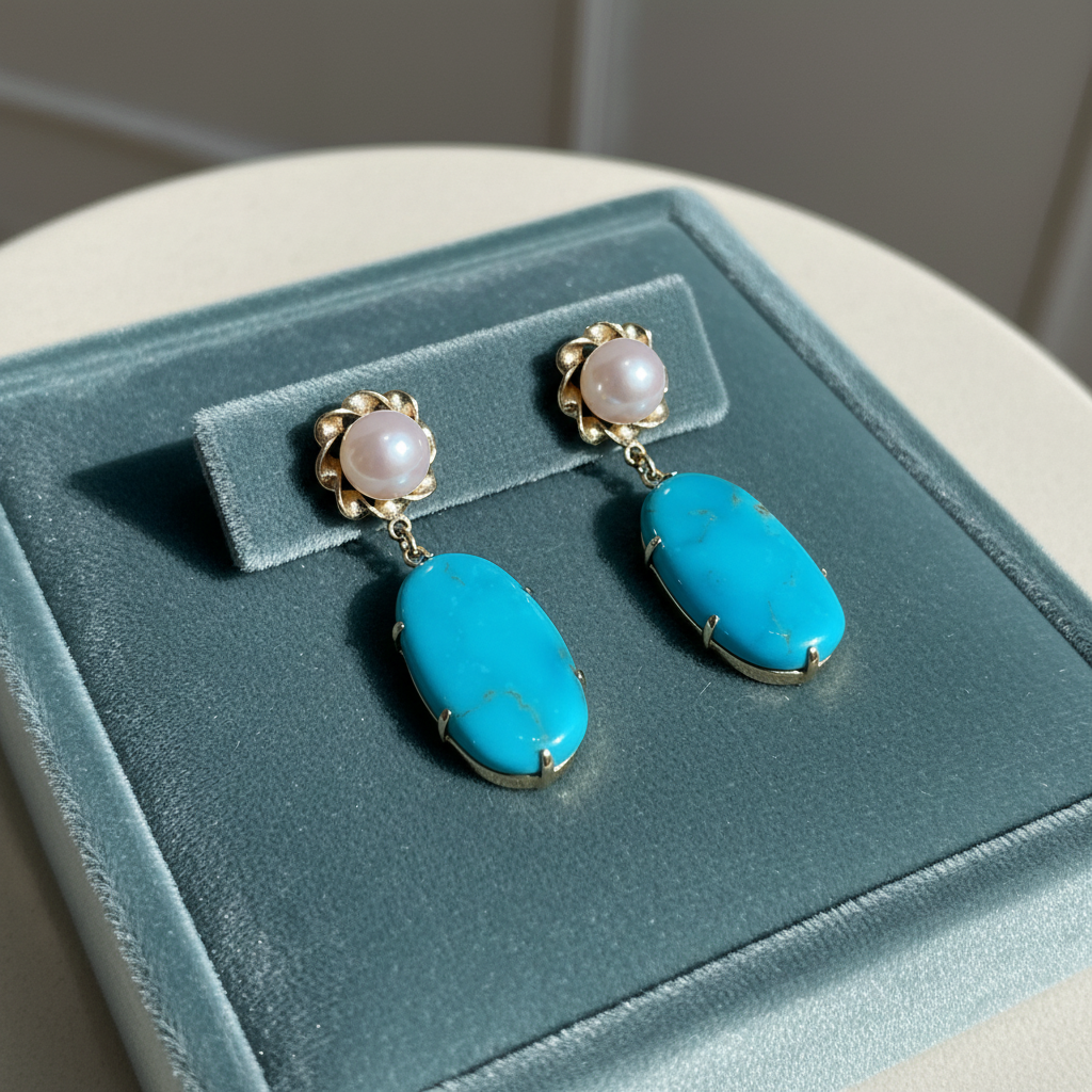 Turquoise and Pearl Earrings on Jewelry Tray