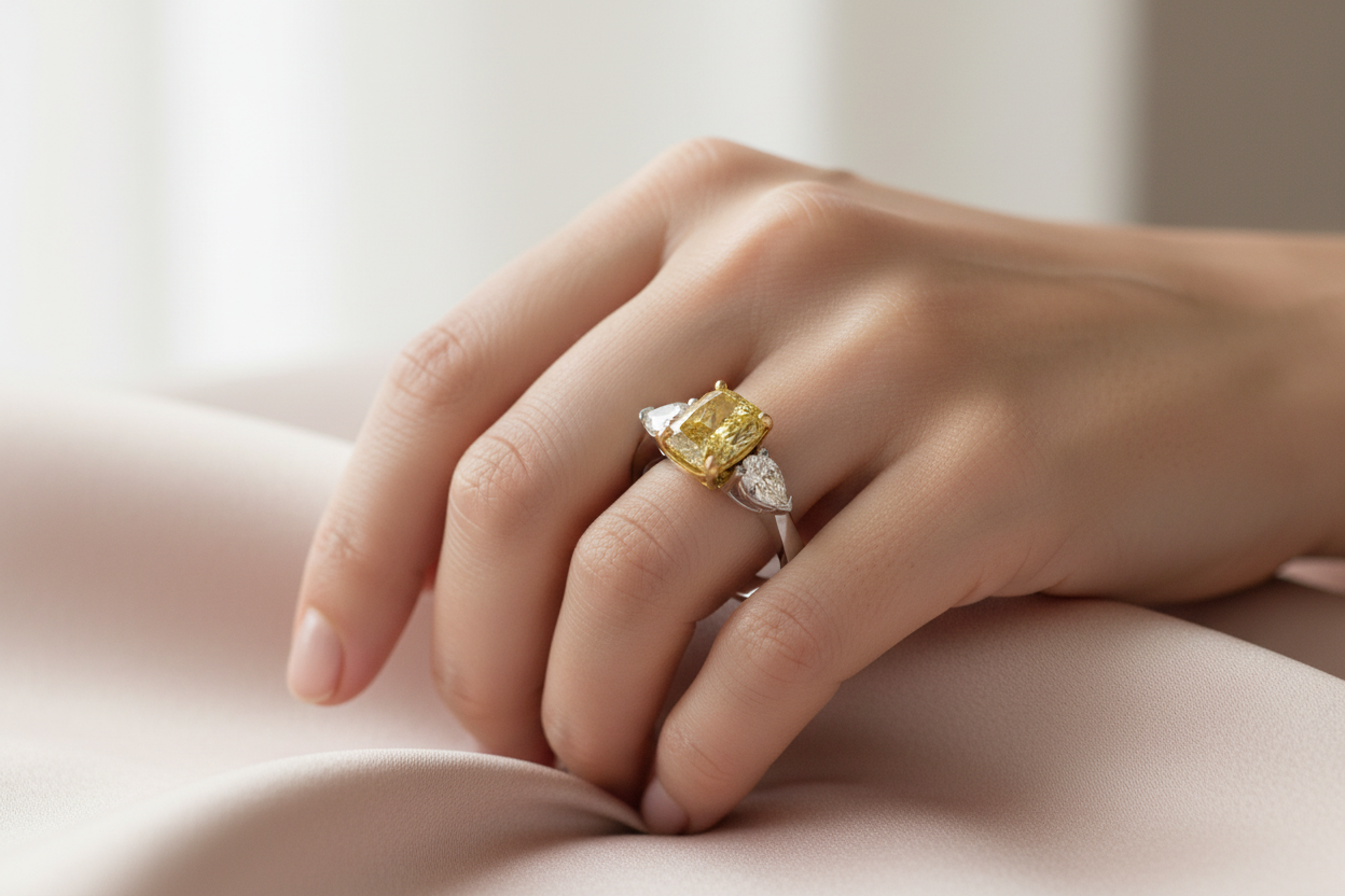 Yellow Cushion-Cut Ring on Hand